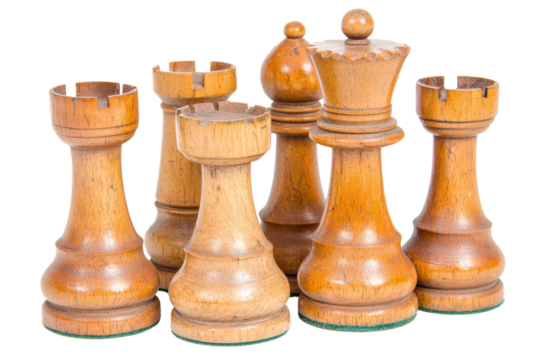 Set of wooden chess pieces isolated on transparent background.