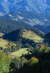 Obraz premium Green hills and mountain covered in tress. 