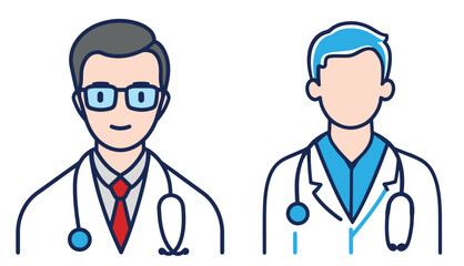 Fototapeta premium Two illustrations of male doctors in a minimalist line art style with blue accents. 