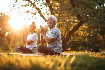 Mature couple doing yoga on lawn in sunshine together.