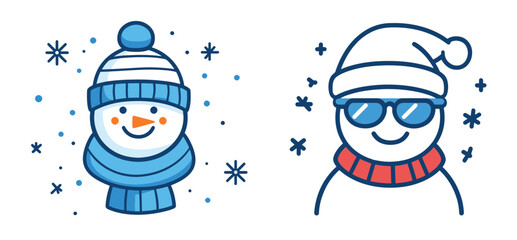 Two illustrations of snowmen in a minimalist line art style with blue accents.