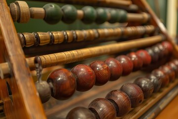 Wooden abacus with rows of colorful beads used for counting and calculating representing old times and vintage accounting