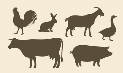 Farm animals silhouette. Isolated farm animals on vintage  background