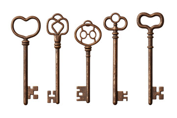 Vintage decorative keys in various shapes isolated on transparent background.