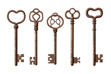 Vintage decorative keys in various shapes isolated on transparent background.