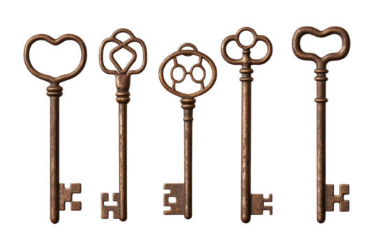 Vintage decorative keys in various shapes isolated on transparent background.