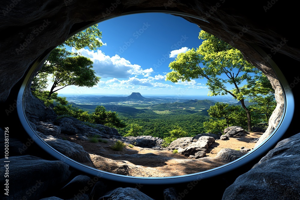 Poster 3d digital rendering of a scenic outdoor hike, where users can explore the rugged trails, mountains,