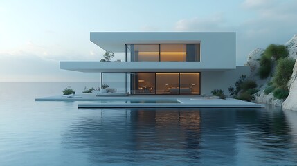Fototapeta premium Modern Minimalist House with Infinity Pool Overlooking Ocean