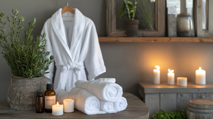 Show a bathrobe as part of a relaxation ritual, such as meditation or a home spa day. Include elements like candles, essential oils, and a calming environment to enhance the sense of tranquility.
