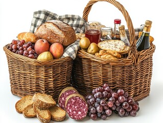 Baskets filled with bread, fruit, and breadsticks are sitting on a table
