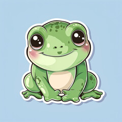 Fototapeta premium Green frog with a smile on its face. The frog is sitting on a blue background. The frog is cute and happy