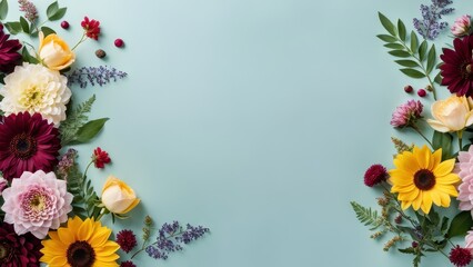 Fototapeta premium A vibrant arrangement of flowers on a light blue background, ideal for decoration or design.