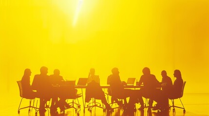 Naklejka premium A group of business professionals sit around a conference table, silhouetted against a vivid yellow background. The scene evokes collaboration, leadership, and innovation in a bright and bold