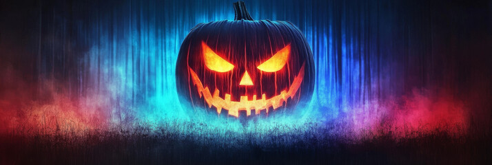 Naklejka premium A spooky jack-o'-lantern with glowing eyes sits in a foggy forest.