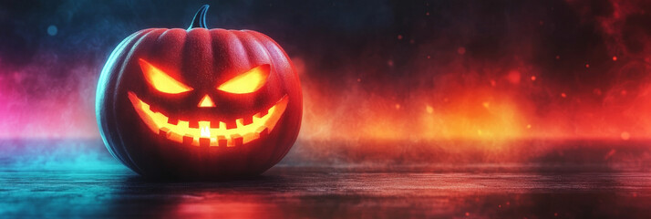 Fototapeta premium Spooky jack-o'-lantern with glowing eyes.