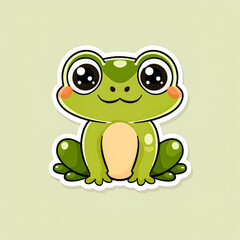 Fototapeta premium Green frog with smile on its face. Frog is sitting on light background. Frog is cute and happy