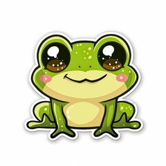 Naklejka premium Green frog with smile on its face. Frog is sitting on light background. Frog is cute and happy