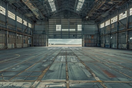 Empty aircraft hangar is revealing a runway through its open doors