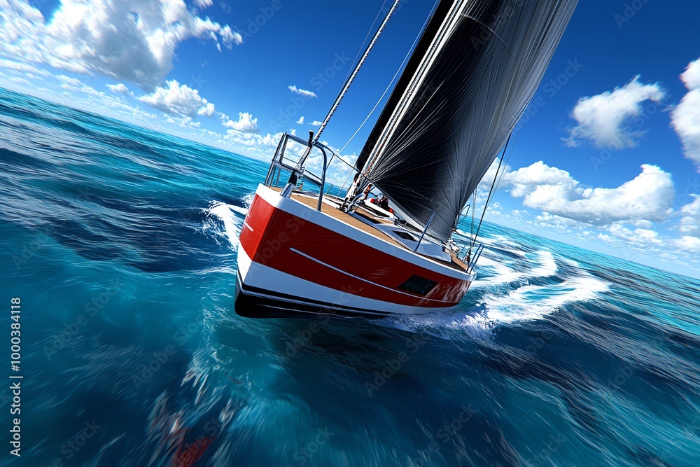 Poster 3d rendering of a sailboat race, where users can control the boat, adjust the sails, and race throug