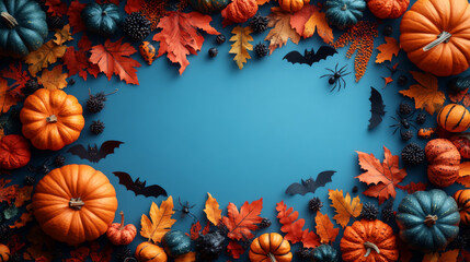 Autumn leaves and pumpkins frame a blue background for a festive Halloween backdrop.