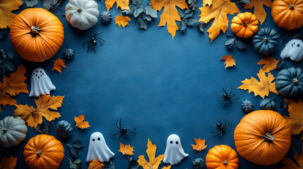 A festive Halloween background with pumpkins, leaves, and ghosts on a blue surface.