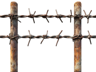 Barbed wire fence, white isolate background transparent background