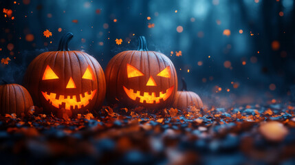 Fototapeta premium Spooky jack-o'-lanterns glow in the dark forest.