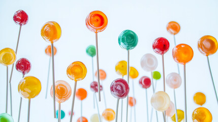 Gravity-Defying Colorful Lollipops Suspended in Mid-Air, Playful Whimsical Composition Against White Background for Fun and Joyful Vibes