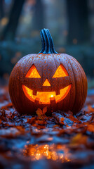 A glowing jack-o'-lantern sits on a bed of autumn leaves.