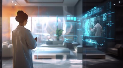 Fototapeta premium A female doctor, viewed from behind, uses advanced holographic technology in a modern medical setting. The glowing blue interface suggests a high-tech healthcare environment, blending digital