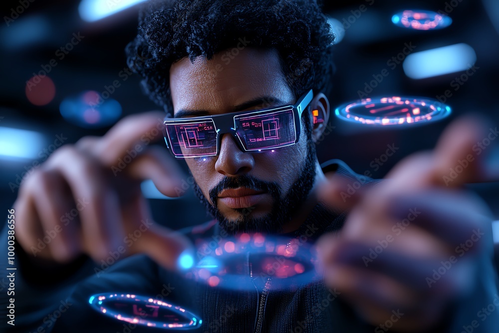 Aufkleber 3D-rendered hacker avatar in a digital world, manipulating floating holographic data, with layers of encrypted files and digital locks in an immersive, virtual environment