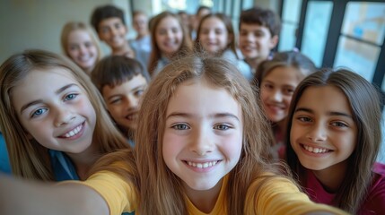 Smiling elementary school kids taking a group selfie in class, capturing a joyful moment together