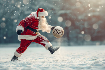 Santa Claus kicking a soccer ball marked 2025 in a snowy field, capturing a playful and festive New Year celebration. © SuperGlück