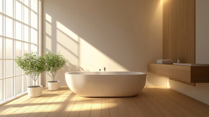 Show a sleek, modern bathtub with clean lines and a minimalist design. The setting should feature contemporary fixtures, neutral colors, and a simple yet sophisticated bathroom environment. 