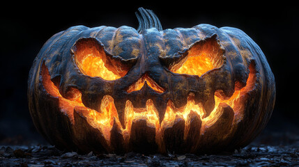 Fototapeta premium A menacing jack-o'-lantern glows with an eerie orange light.