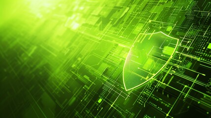 Fototapeta premium A bright, neon green shield shines on a grid of digital connections and patterns, representing advanced cybersecurity measures, encryption, and virtual protection technology.