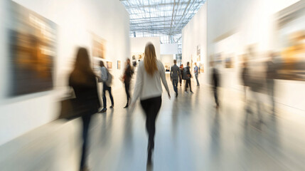 Exploring a contemporary museum: visitors create motion blur as they admire art, immersed in cultural experience. A popular destination for tourists seeking entertainment and learning