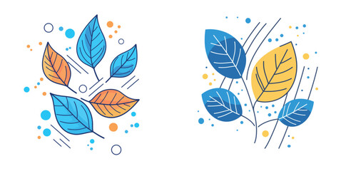 Colorful autumn leaves in a minimalist line art style with blue and yellow accents. 