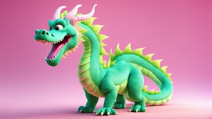 Obraz premium A vibrant cartoon dragon with a playful expression against a pink background.