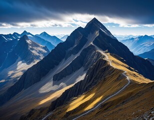 golden road winding through rugged mountains with snowcapped peaks
