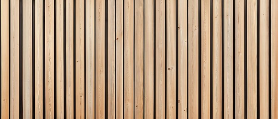 Naklejka premium Wall made of wooden panels. Vertical wooden slats for facade cladding. Timber stripes made of beige pine. A modern plank surface for interior and exterior design. 
