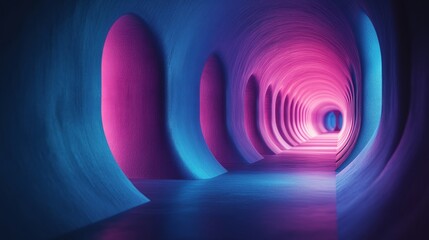A long tunnel with blue and pink walls