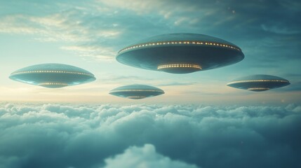 Obraz premium Four alien spaceships flying through the sky