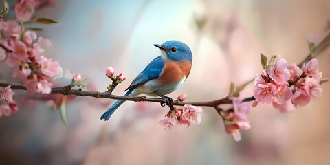 Bluebird Perched on Blooming Cherry Branch