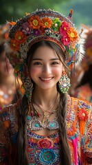 Fototapeta premium Smiling Woman in Traditional Asian Headwear and Clothing