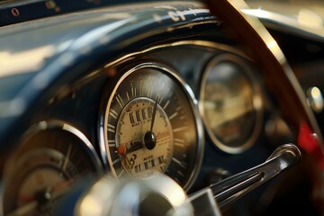 Close up view of a classic car dashboard showing speedometer and other instruments