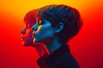 Obraz premium Bold digital illustration of two individuals in profile set against a fiery red and cool blue backdrop symbolizing contrast passion and individuality