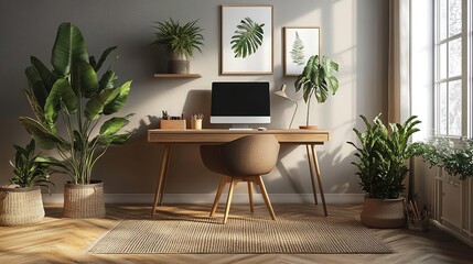 Modern home office with stylish desk, computer, and lush plants, creating a serene and productive workspace atmosphere.