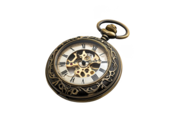 A vintage pocket watch with intricate engravings, isolated 