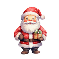 Obraz premium Cute Santa Claus with a gift in a red suit, holding a present, festive holiday illustration, jolly Christmas character, perfect for greeting cards, and decorations
